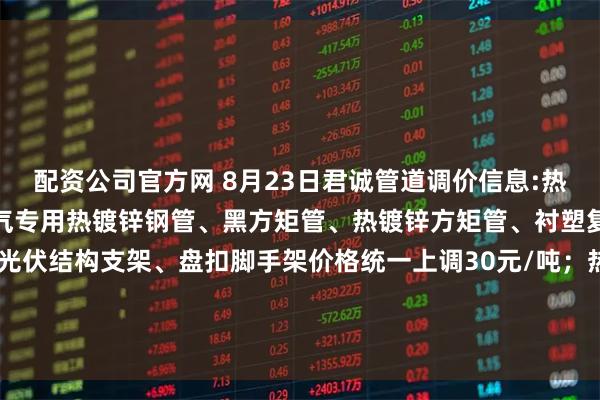 配资公司官方网 8月23日君诚管道调价信息:热镀锌圆管、直缝焊管、燃气专用热镀锌钢管、黑方矩管、热镀锌方矩管、衬塑复合管、大棚椭圆管、光伏结构支架、盘扣脚手架价格统一上调30元/吨；热镀锌无缝管执行2025年6月1日价格；涂塑复合管、预涂覆热浸锌钢管执行2025年1月9日政策。